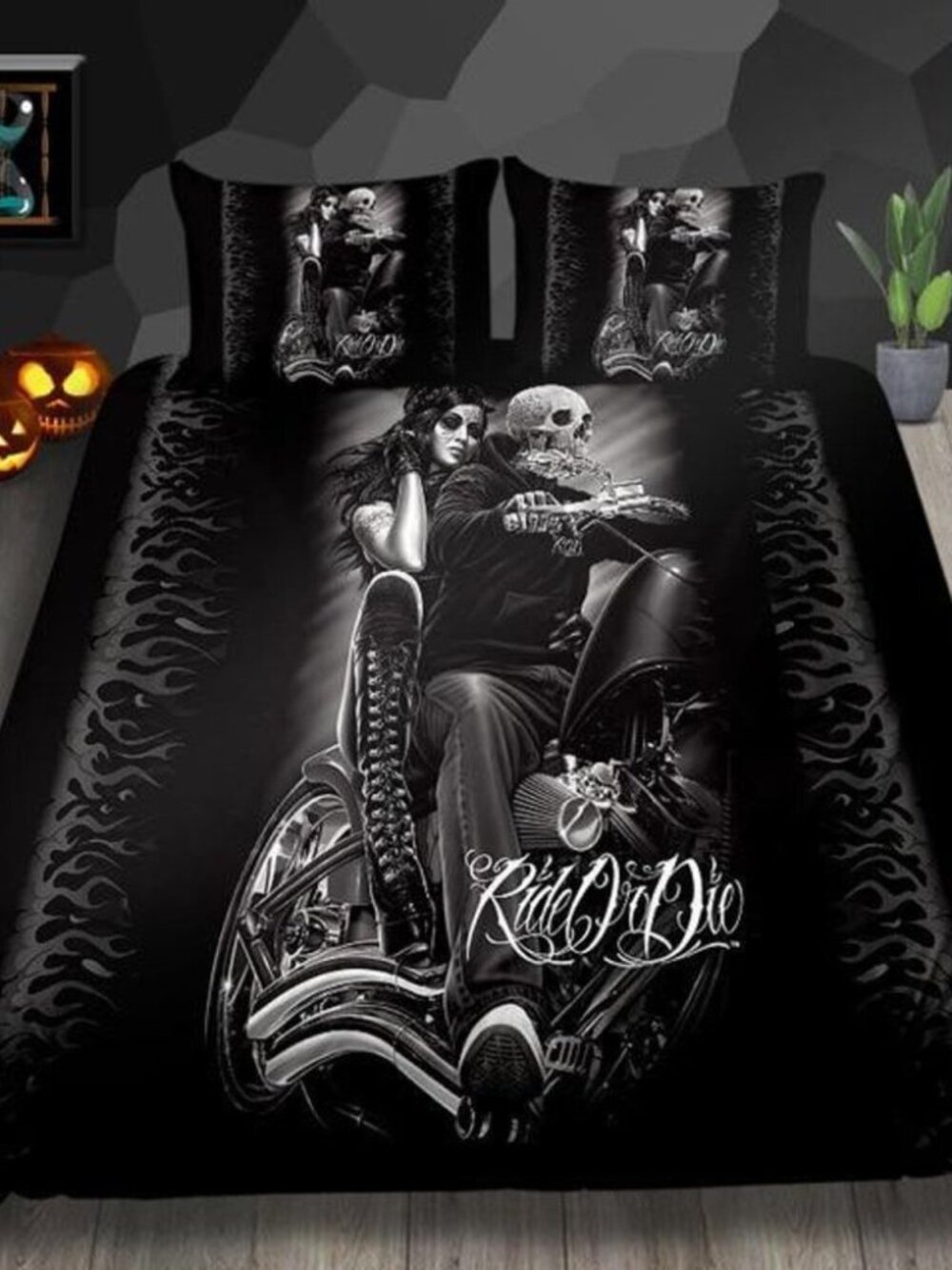 NWT Motorcycle 3 Piece Bedding Set Skull "Ride Or Die" Duvet Set King Size